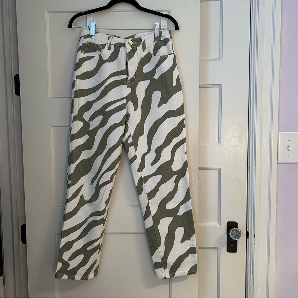 Green Zebra Print Denim Pants